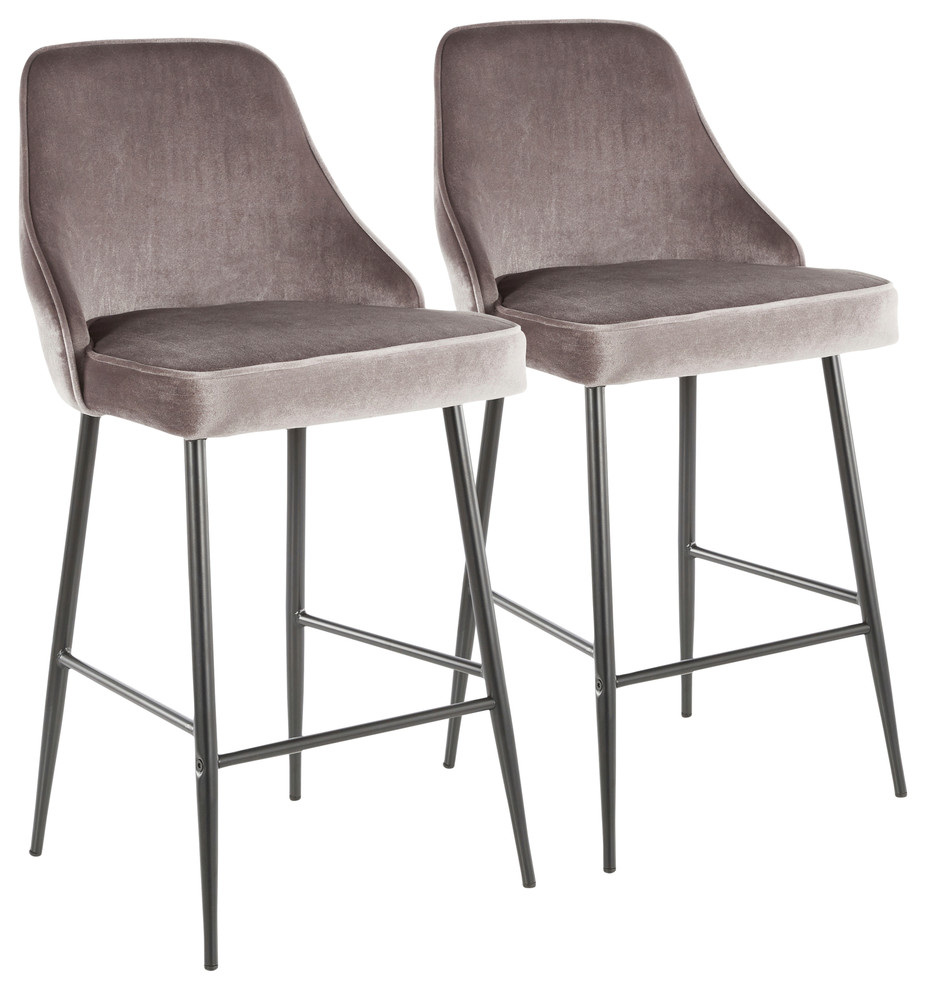 Lumisource Marcel Counter Stool, Black Metal and Silver Velvet, Set of 2