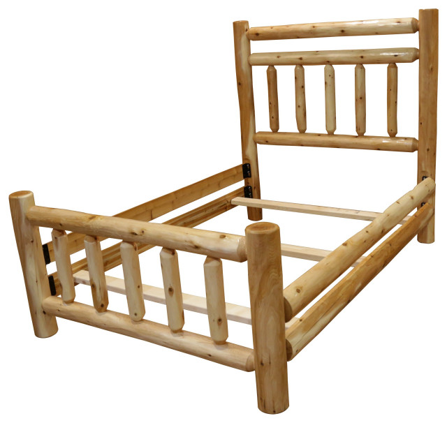 White Cedar Log Rustic Bed with Double Headboard Rail, Twin Rustic