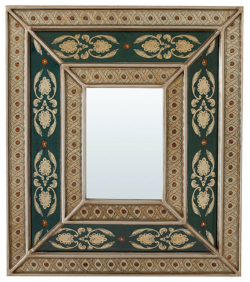 Handcrafted Green Painted Wall Mirror With Peruvian Decoration, 34x39 cm