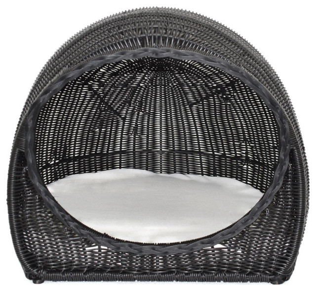 GDF Studio Aidan Indoor Wicker Igloo Pet Bed With Cushion, Black/Beige
