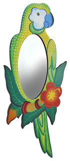 Tropical Green Parrot with Hibiscus Flower Wooden Mirror