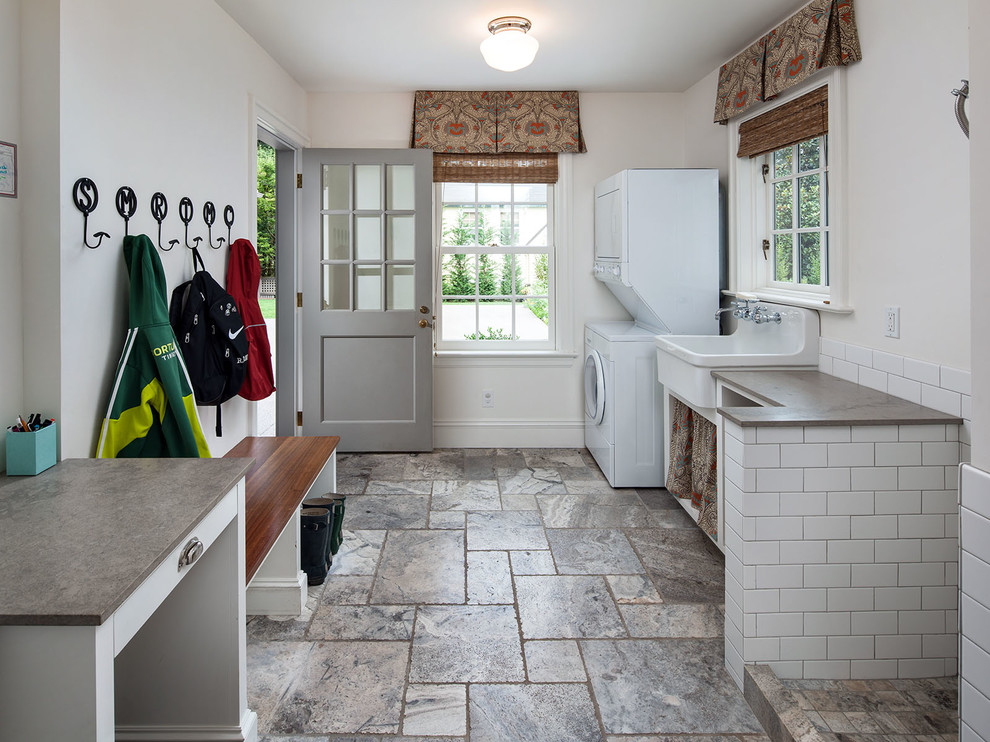 Design ideas for a traditional mudroom in Portland with white walls, a single front door and a glass front door.
