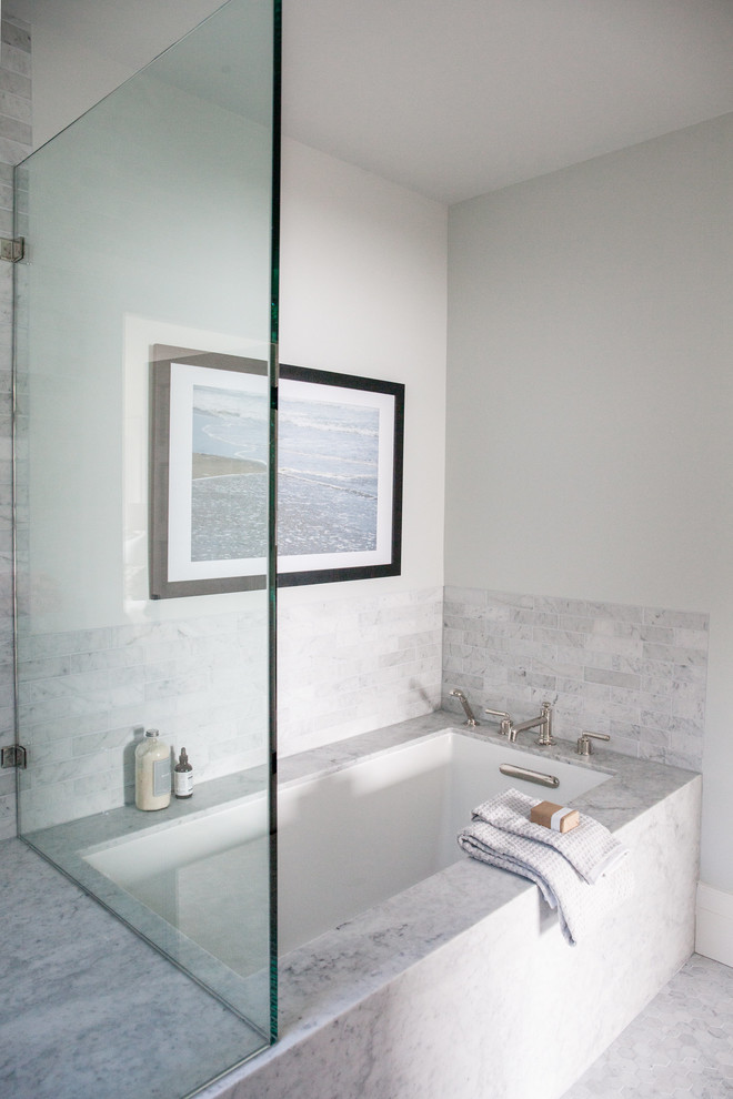 Design ideas for a large transitional master bathroom in San Francisco with an undermount tub, grey walls, grey floor, recessed-panel cabinets, grey cabinets, a corner shower, an undermount sink and a hinged shower door.