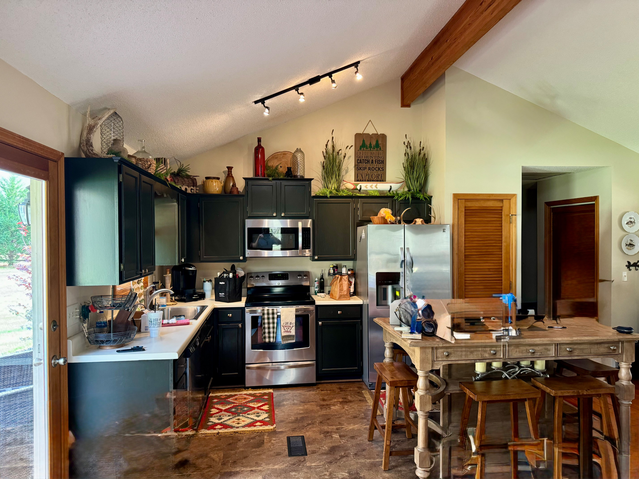 Rustic Contemporary Kitchen/Living Room Remodel with Exposed Timber Trusses