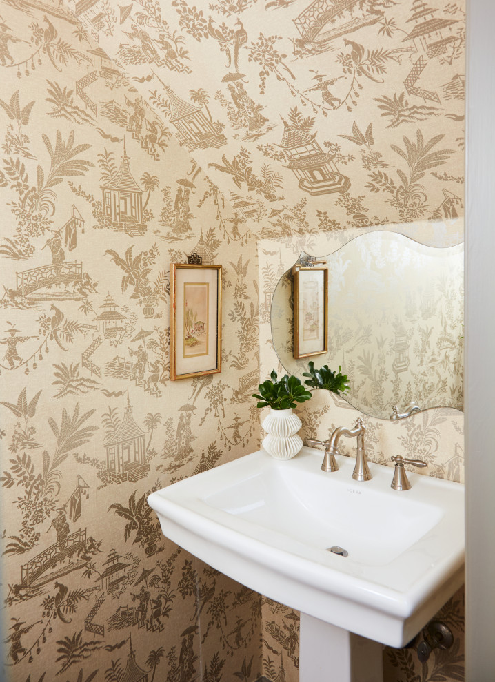 Design ideas for a small transitional powder room in Atlanta with white cabinets, a freestanding vanity and wallpaper.