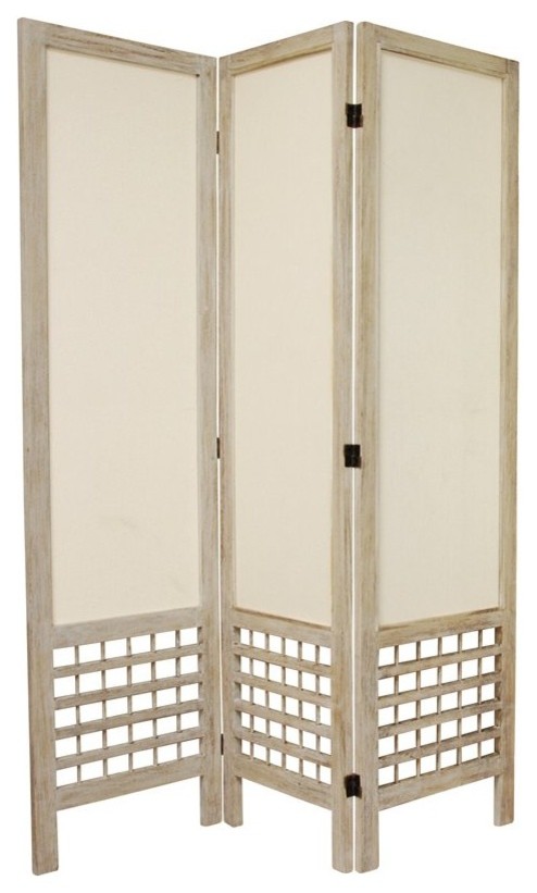 5 1/2' Tall Open Lattice Fabric Room Divider, Burnt White, 3 Panel