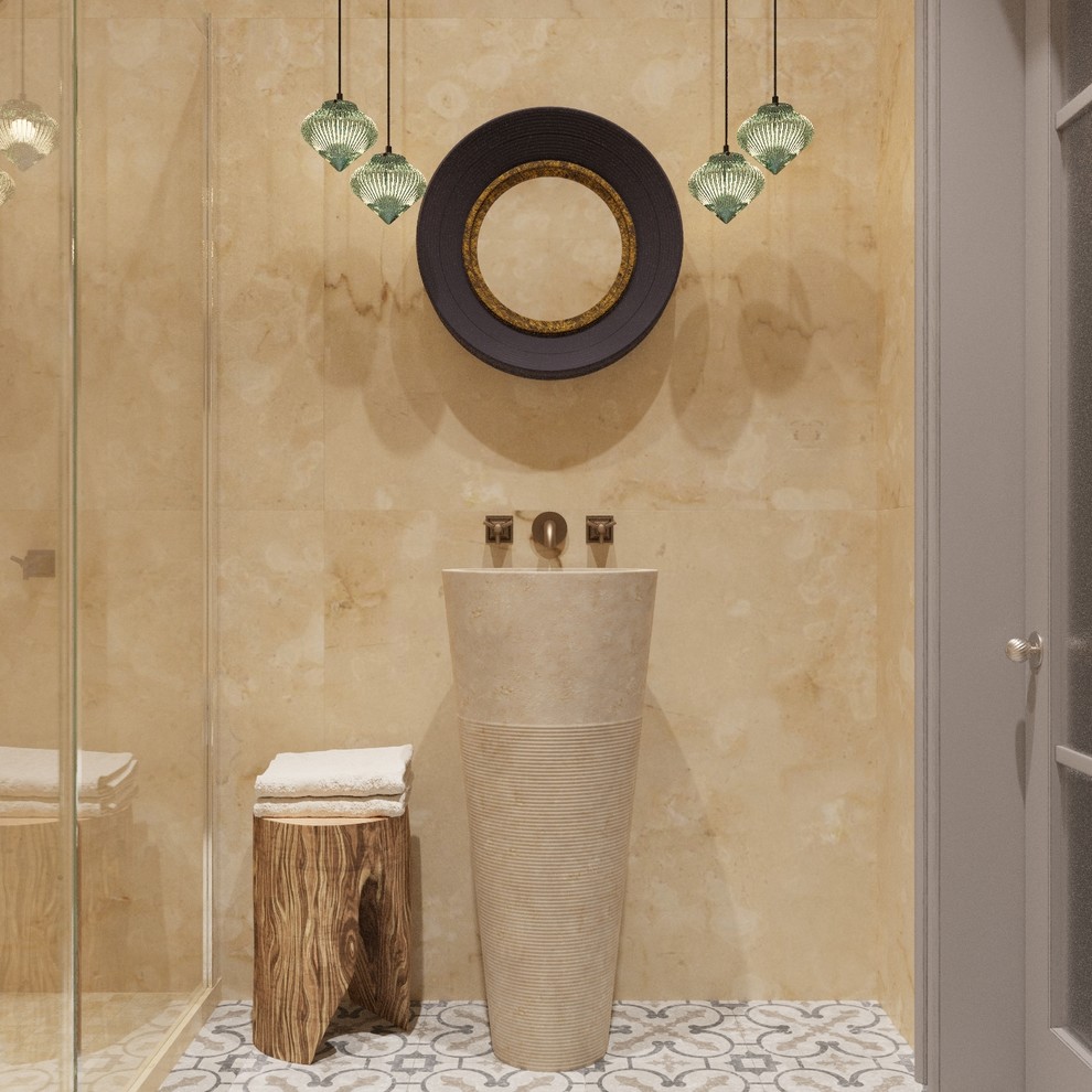 Photo of a small traditional bathroom in Other with a wall-mount toilet, ceramic tile, ceramic floors, an integrated sink, terrazzo benchtops and beige walls.