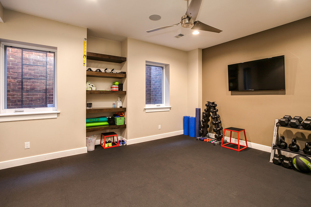 Photo of a mid-sized transitional multipurpose gym in Denver with multi-coloured walls.