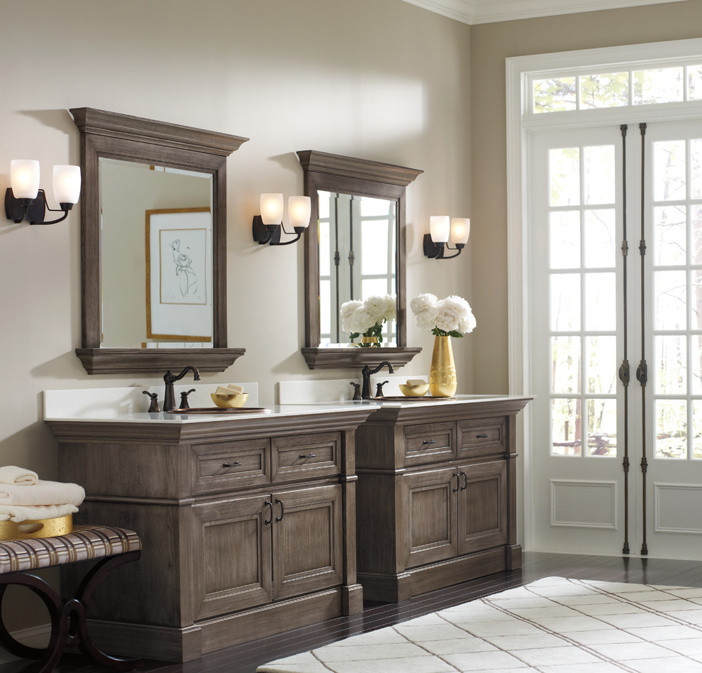 Inspiration for a mid-sized mediterranean master bathroom in Baltimore with grey cabinets, beige walls and recessed-panel cabinets.