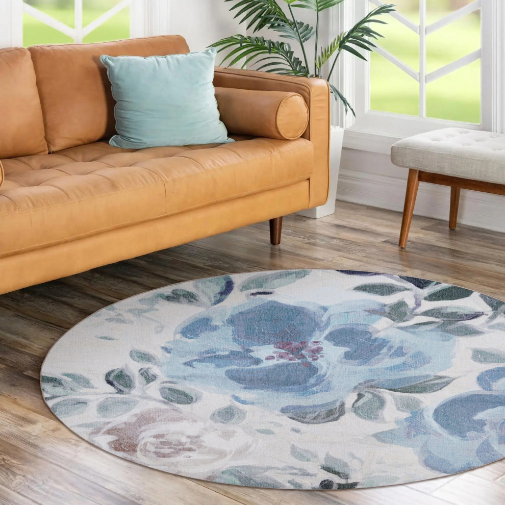 My Magic Carpet Washable Rug Sasha Floral Cream Blue, 6' x 6