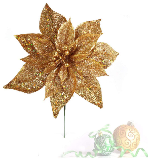 Gold Glitter Poinsettia Christmas Tree Picks Decorations, 6 CT, 10" Picks Traditional