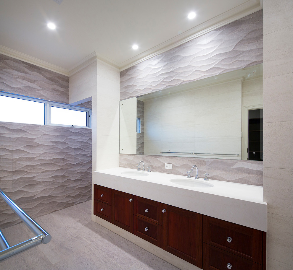 Inspiration for a mid-sized contemporary bathroom in Perth with shaker cabinets, dark wood cabinets, a corner tub, a corner shower and an open shower.