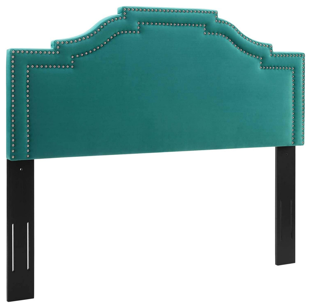 King Size Arched Headboard, Padded Velvet Upholstery With Nailhead Trim