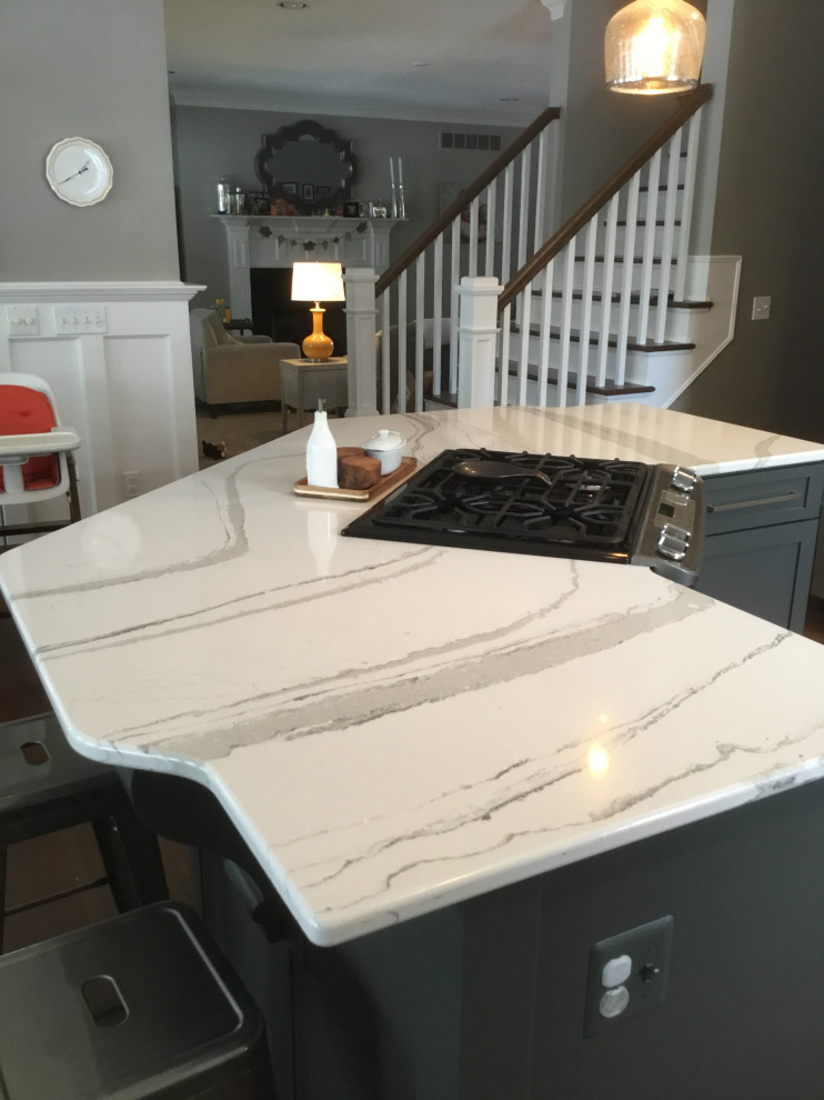 Inspiration for a mid-sized transitional l-shaped dark wood floor and red floor eat-in kitchen remodel with a farmhouse sink, recessed-panel cabinets, gray cabinets, stainless steel appliances, an island, white countertops, quartz countertops, white backsplash and subway tile backsplash
