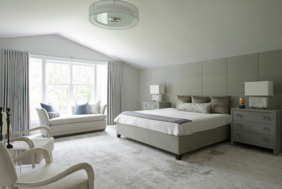 Design ideas for a large transitional master bedroom in New York with grey walls, carpet, no fireplace and grey floor.