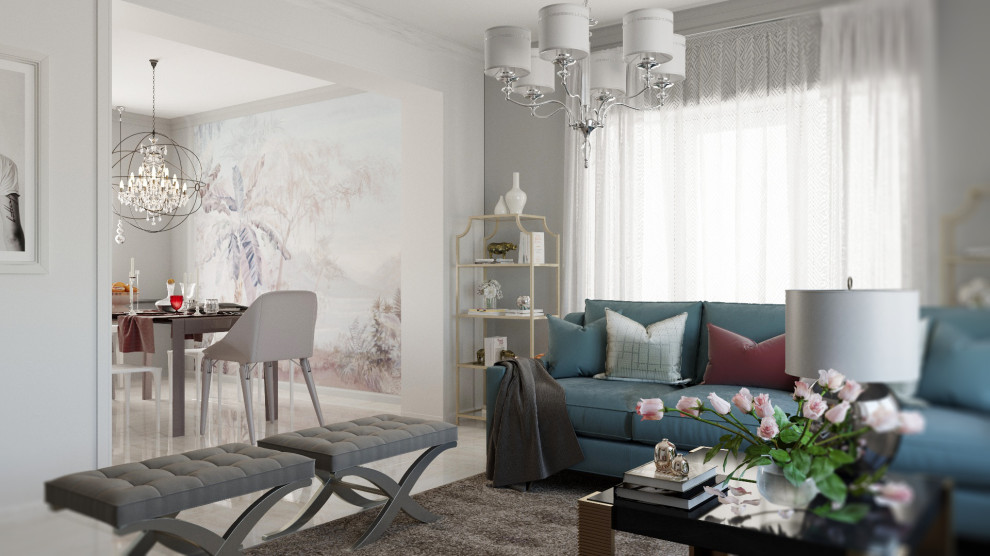 Интерьер кухни-гостиной в коттедже для семьи из 4 человек