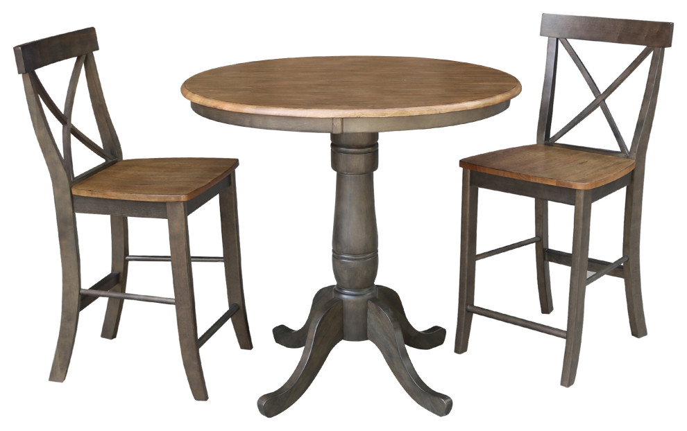 36" Round Pedestal Gathering Height Table With Counter Height Stools, Hickory/Washed Coal