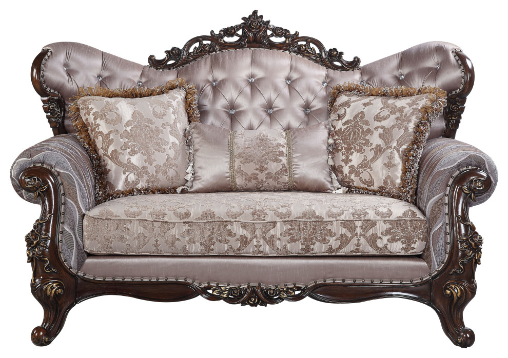 ACME Benbek Loveseat with 3 Pillows in Taupe and Antique Oak
