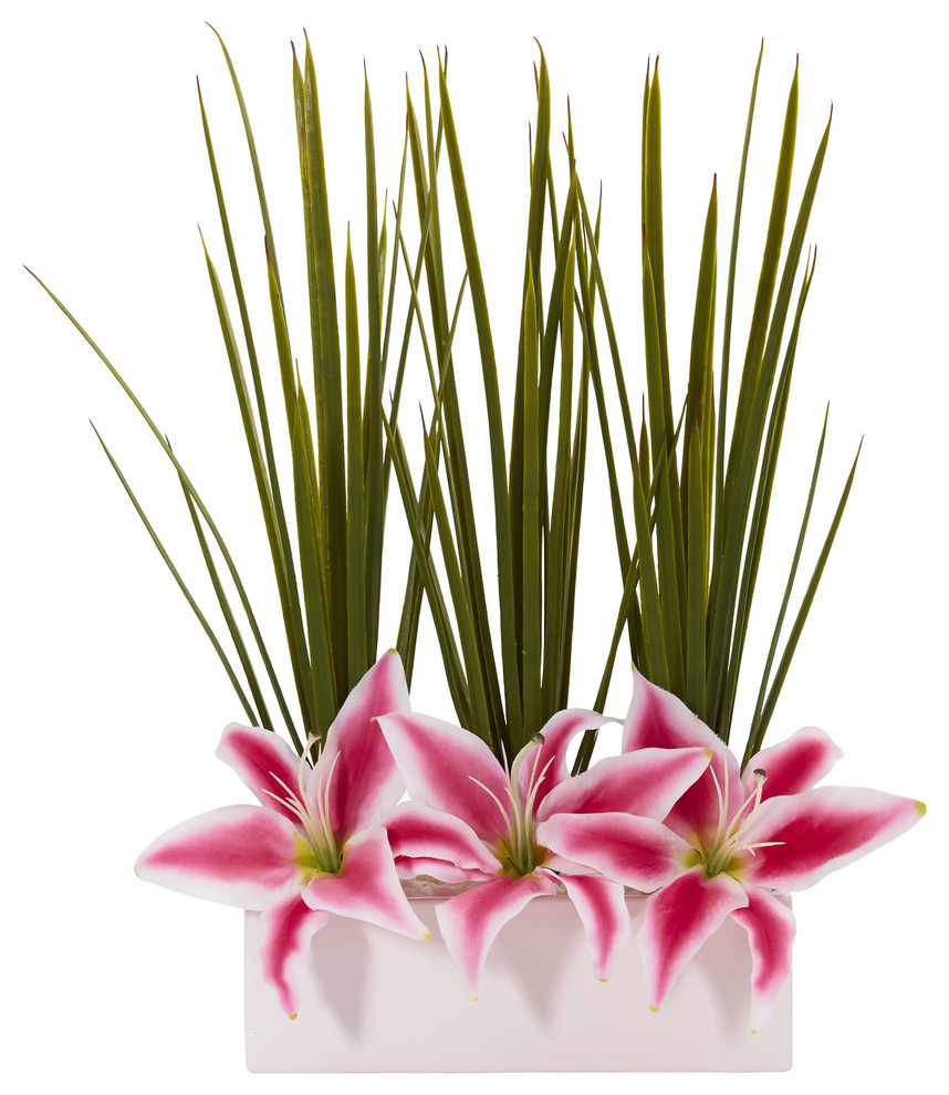 23" Grass and Lily Artificial Arrangement Contemporary Artificial