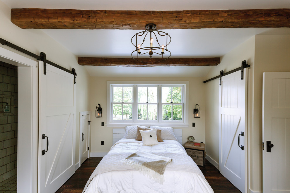 Photo of a country bedroom in Other with beige walls, dark hardwood floors and no fireplace.