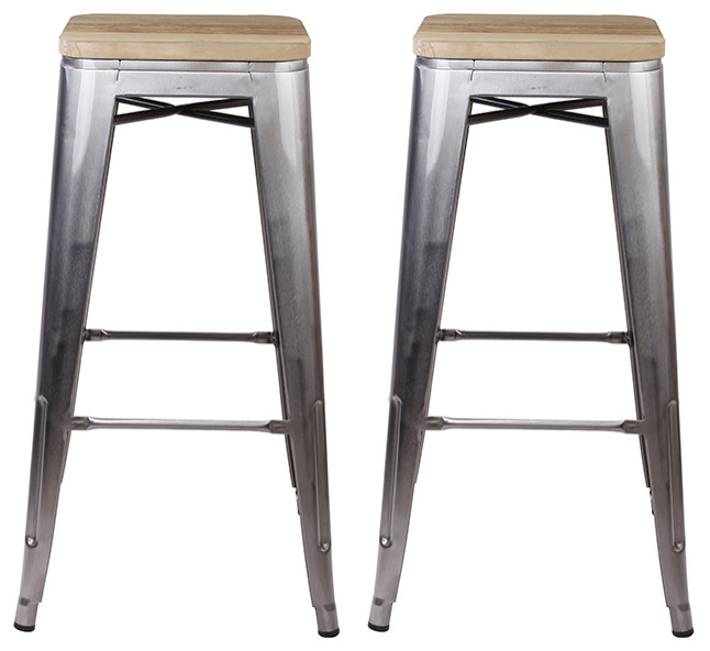 Gunmetal Backless Metal Bar Stools, Light Wooden Seat, Set of 2