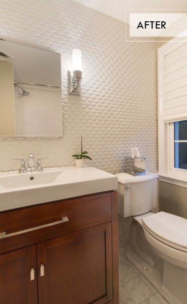 Design ideas for a small traditional kids bathroom in Boston with a trough sink, raised-panel cabinets, medium wood cabinets, a drop-in tub, a shower/bathtub combo, a two-piece toilet, white tile, porcelain tile, white walls and ceramic floors.