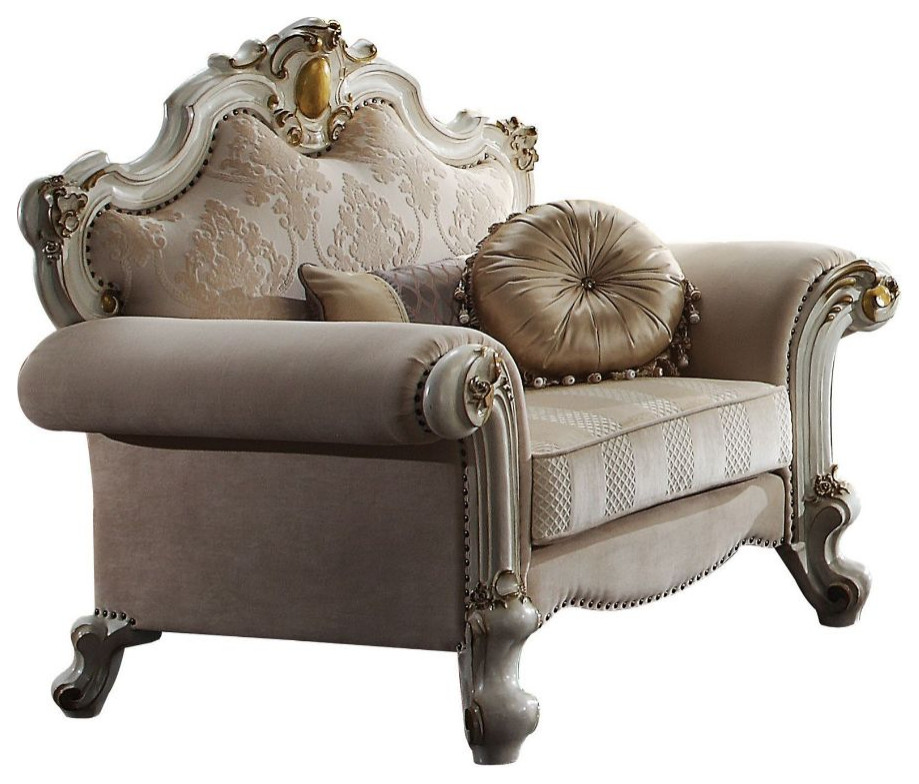 Acme Picardy Chair With 2 Pillows Fabric and Antique Pearl