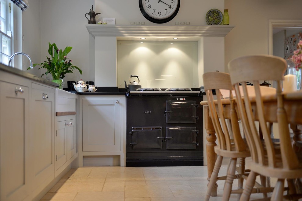 Photo of a large contemporary enclosed kitchen with a double-bowl sink, recessed-panel cabinets, grey cabinets, granite worktops, glass sheet splashback, integrated appliances, limestone flooring and a chimney breast.
