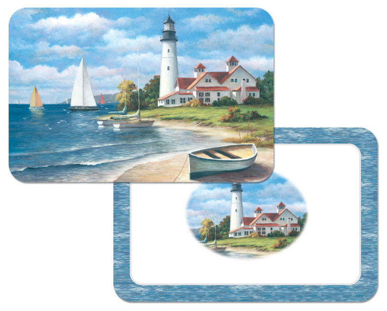 Vinyl Plastic Placemats Lighthouse Mural Beach Nautical Set of 4