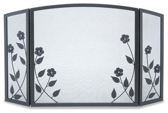 Pilgrim 19228 3 Panel Forged Floral Screen Black Contemporary