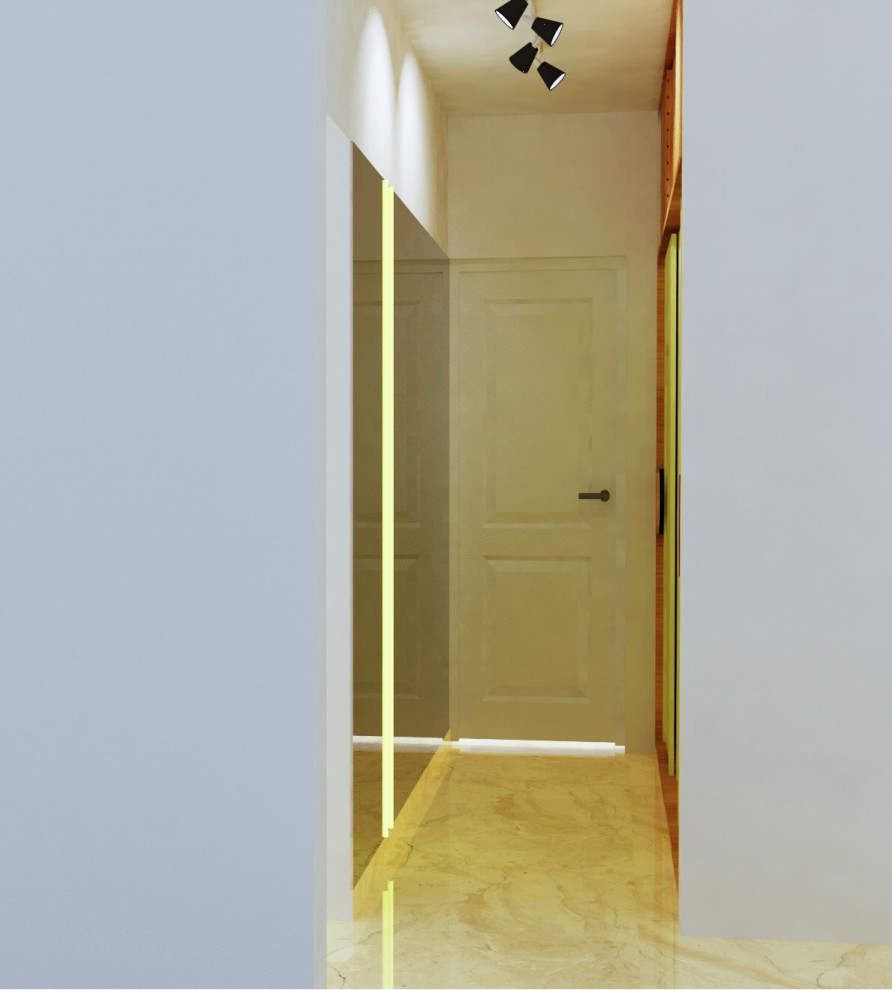 Imagen de armario y vestidor unisex actual con armarios con paneles lisos, puertas de armario amarillas y vigas vistas