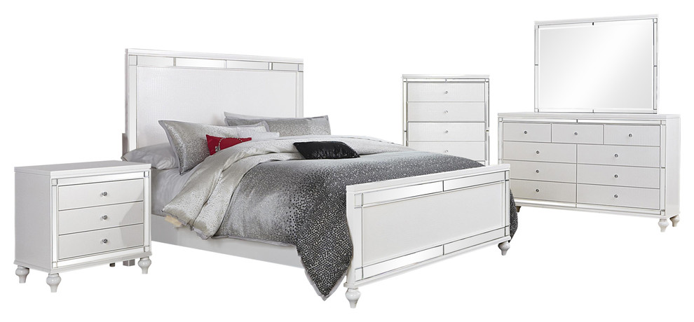 5 Piece Acevo Mirrored Queen Bed Dresser Mirror Nightstand Chest White