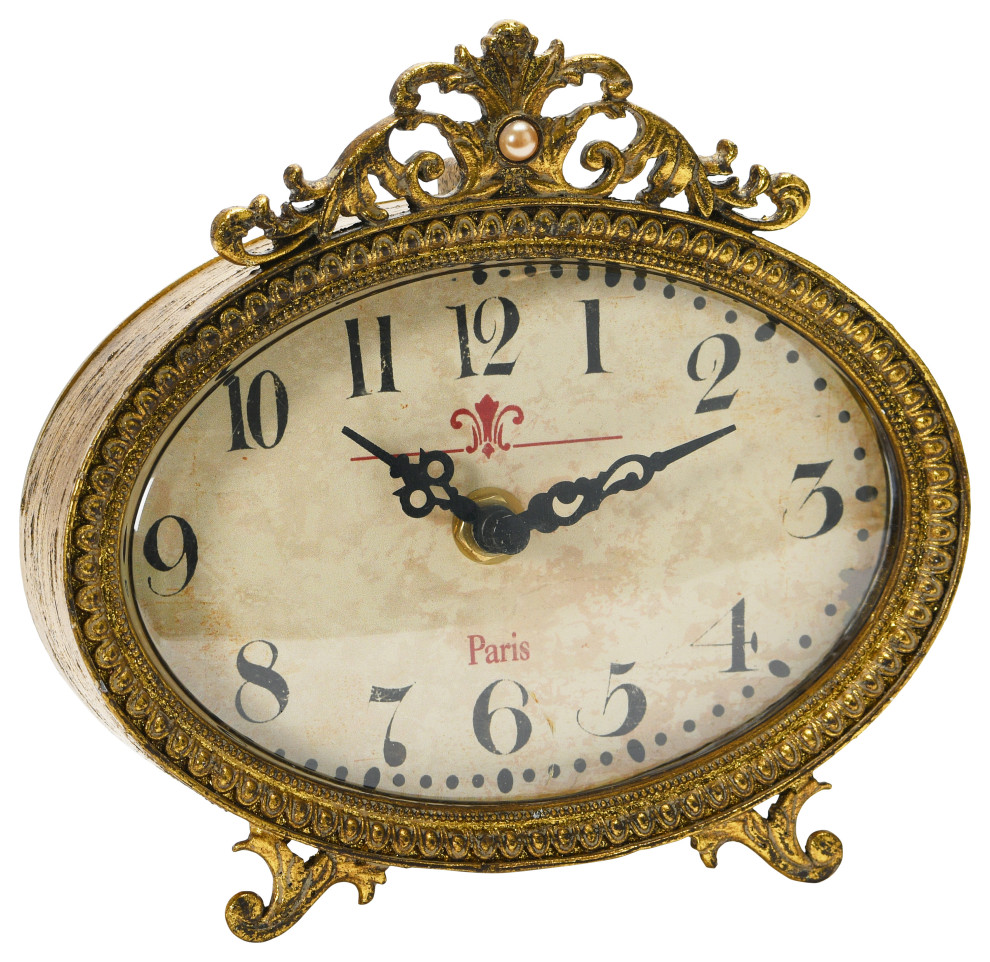 Distressed Pewter Mantel Clock, Pink French Country Desk And Mantel