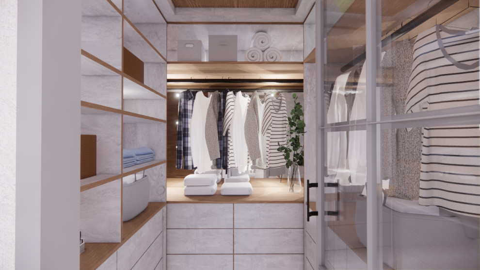 Idee per un piccolo spazio per vestirsi unisex industriale con parquet chiaro e pavimento beige
