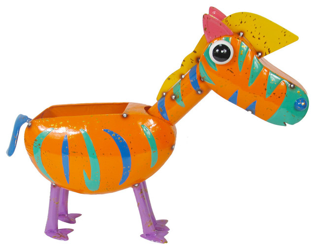 Hand Painted Tangerine Zebra Planter Contemporary Outdoor Pots And