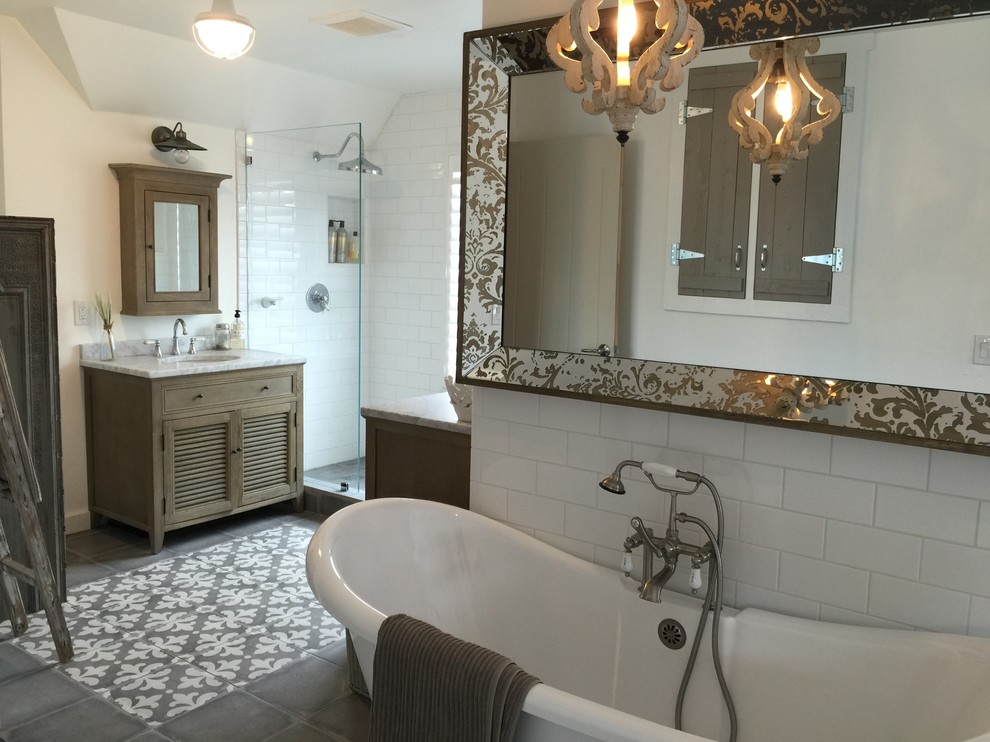 Design ideas for a large transitional master bathroom in San Francisco with shaker cabinets, distressed cabinets, a freestanding tub, an open shower, white tile, ceramic tile, white walls, porcelain floors, tile benchtops and an undermount sink.