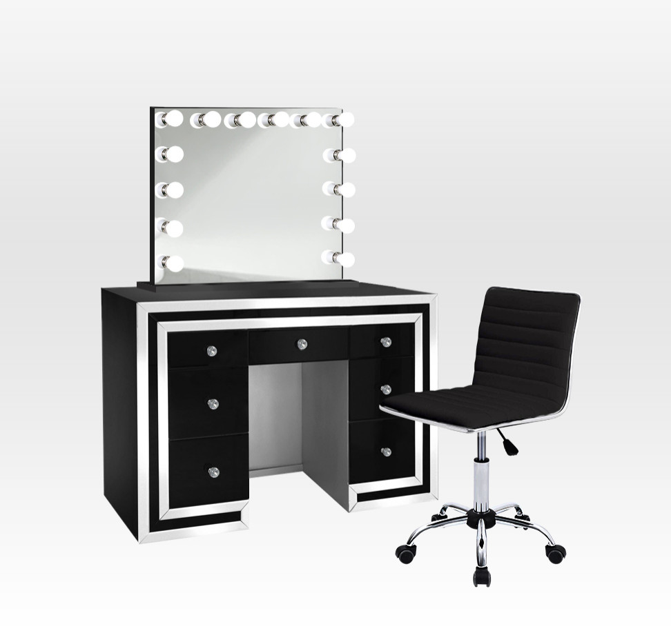 GlamCrystal Mirrored 7Drawer LED Makeup Station Contemporary