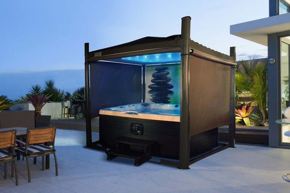 Inspiration for a contemporary backyard pool in San Francisco with a hot tub.