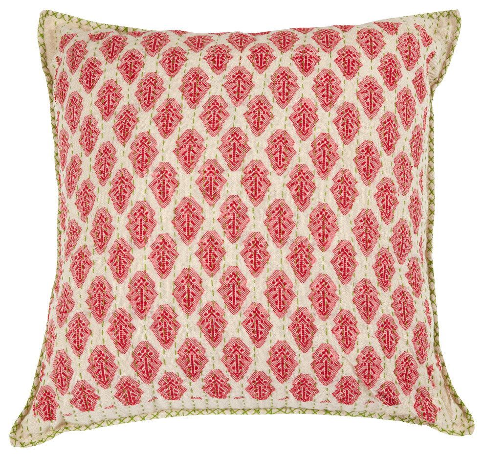 Artisan Hand Loomed Cotton Square Pillow, Red With Green Stitching, 24