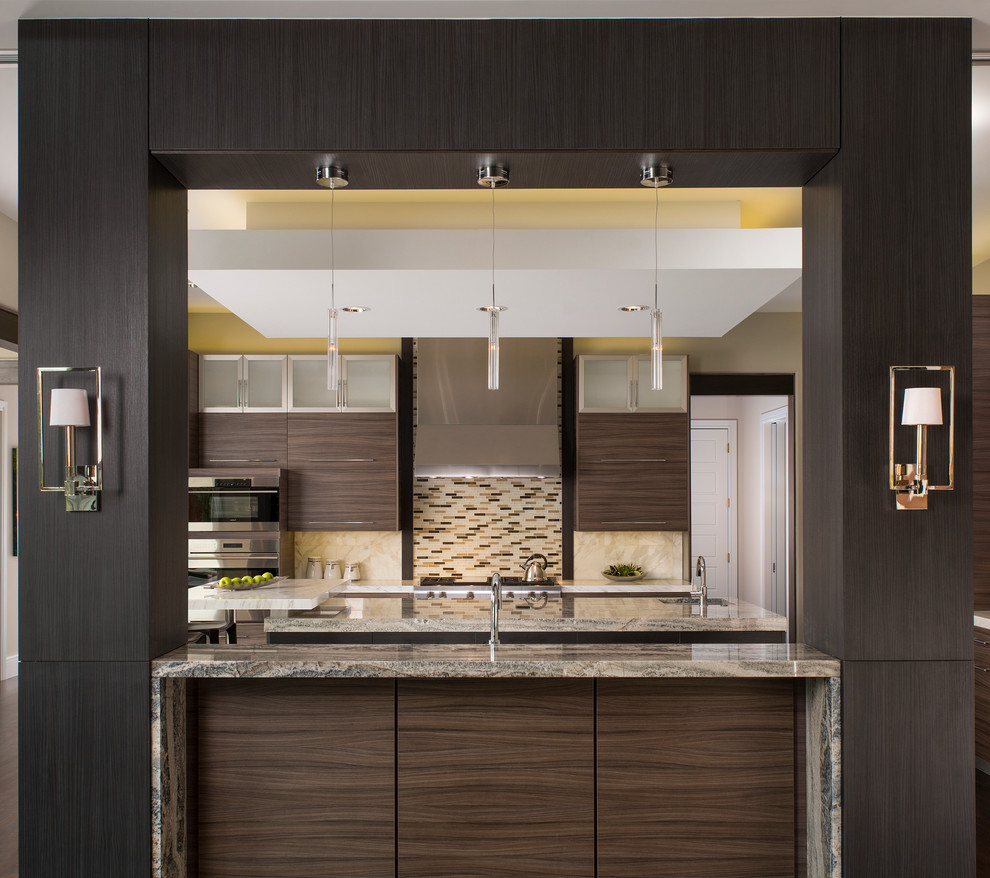 Inspiration for a contemporary kitchen in Dallas with flat-panel cabinets, dark wood cabinets, multi-coloured splashback, mosaic tile splashback, stainless steel appliances and granite benchtops.
