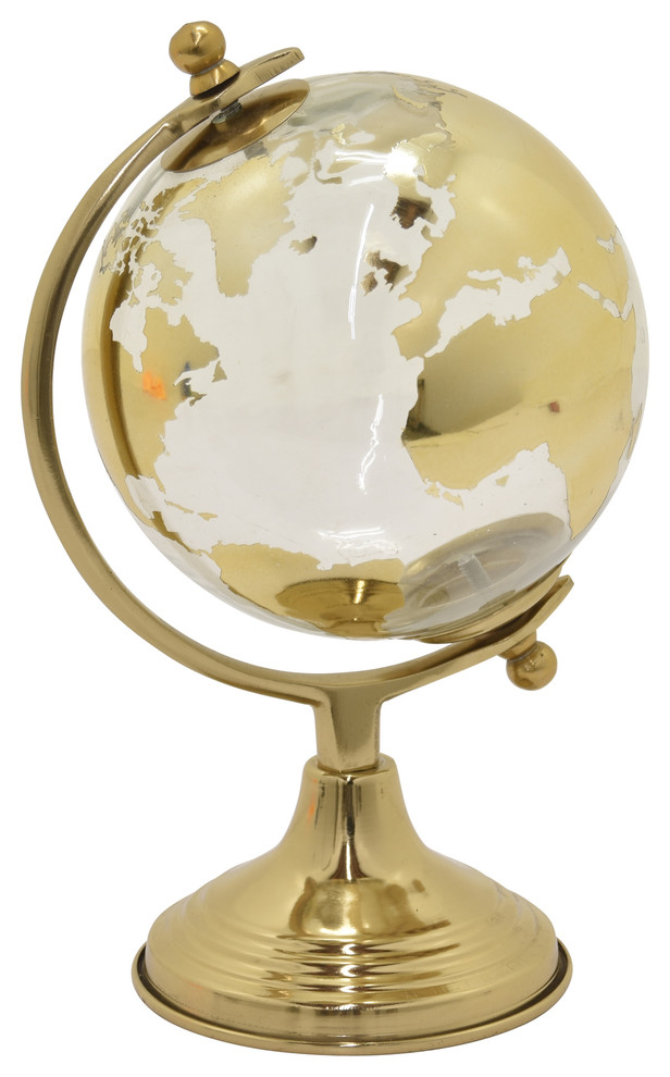 Glass Globe With Metal Base 6", Gold, 11"