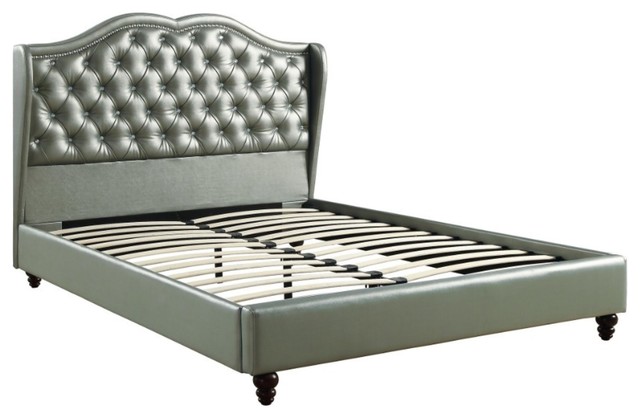 Queen Wooden Bed With Pu Tufted Headboard Silver Contemporary Wooden Bed With Pu Tufted Headboard