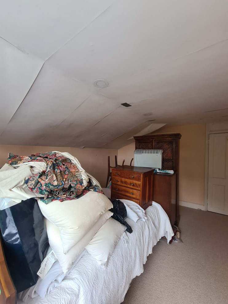 Aménagement d'une chambre classique de taille moyenne avec un mur vert, une cheminée standard, un manteau de cheminée en métal, un sol beige et un plafond décaissé.