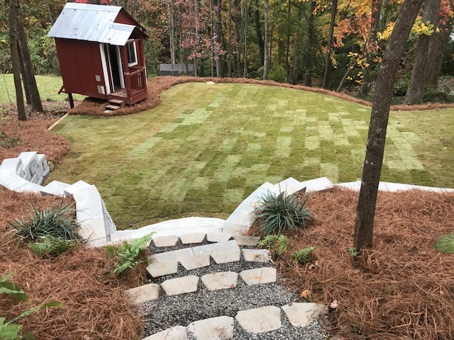 Modular Concrete Block Wall with Steps, Pressure Treated Timber Walls, Sod