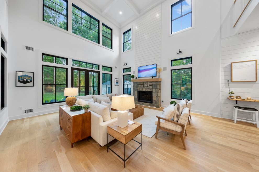 Double-Height Living Room with Stone Fireplace – Home Addition in Florham Park, 
