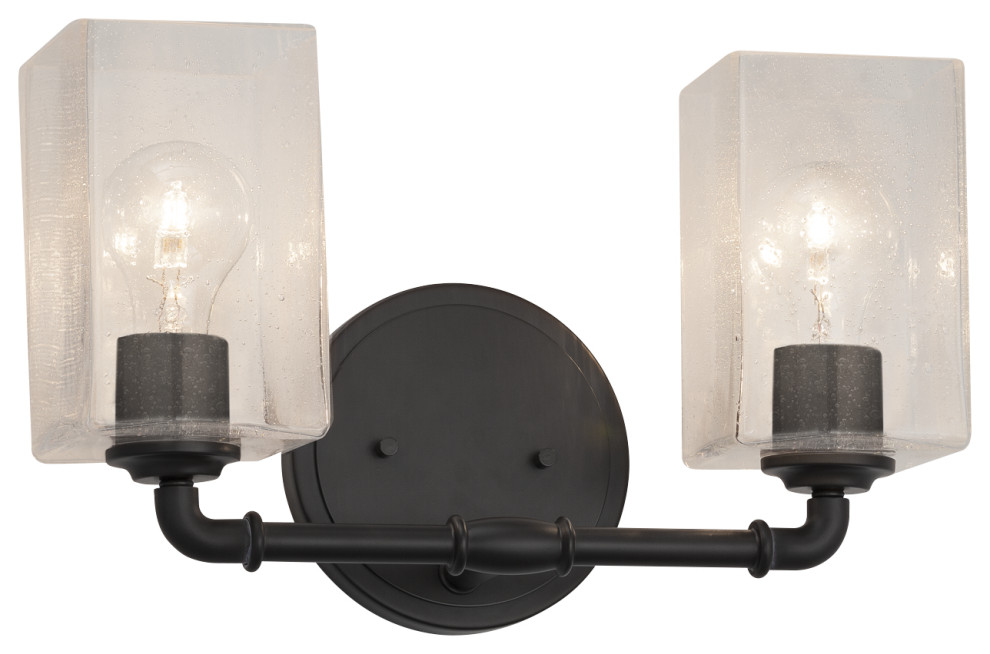 Bronx 2Light Bath Bar, Matte Black & Seeded Artisan Glass