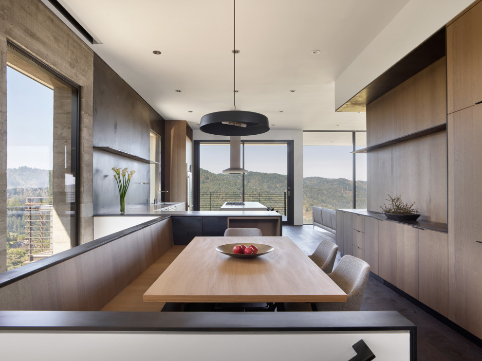 Идея дизайна: столовая среднего размера в стиле модернизм с с кухонным уголком, темным паркетным полом, коричневым полом и черными стенами без камина