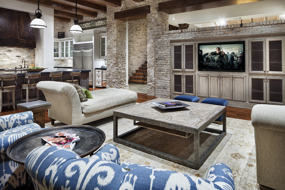 Design ideas for a country open concept living room in Other with a built-in media wall.