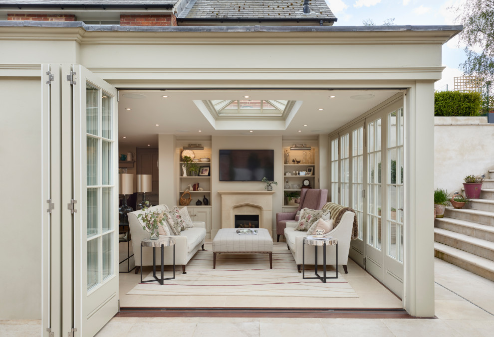 Inspiration for a medium sized modern grey and cream open plan living room in Hampshire with white walls, porcelain flooring, a standard fireplace, all types of fireplace surround, white floors, a vaulted ceiling and a chimney breast.