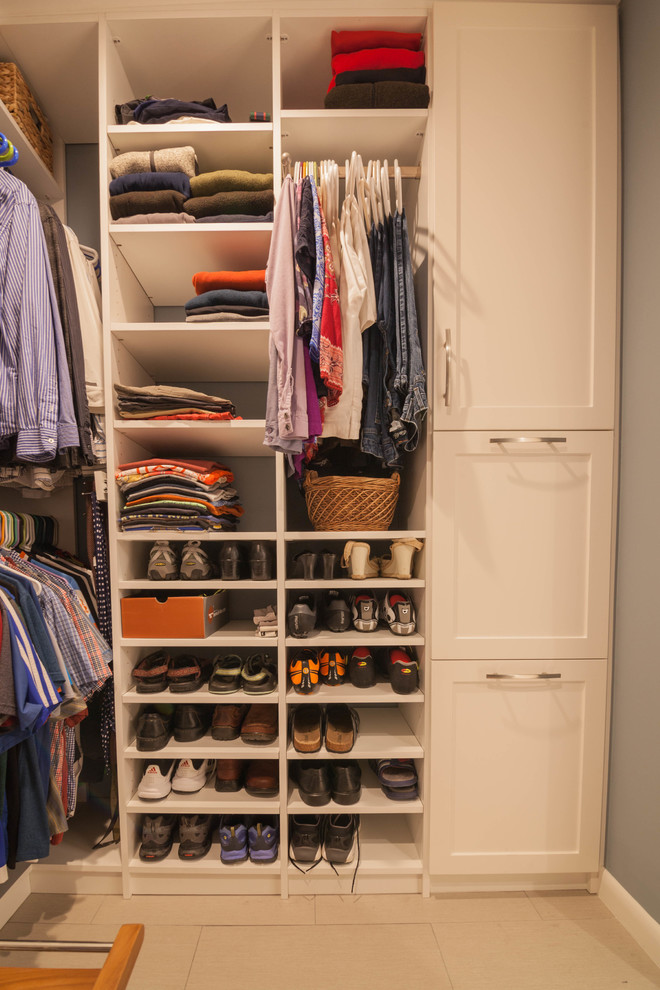 Walk-in closet - large transitional gender-neutral ceramic tile and beige floor walk-in closet idea in Atlanta with shaker cabinets and white cabinets